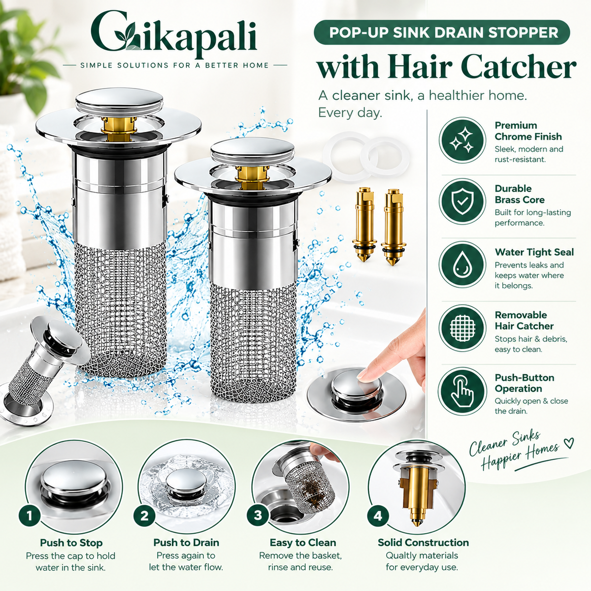 Pop-Up Sink Drain Stopper & Hair Catcher