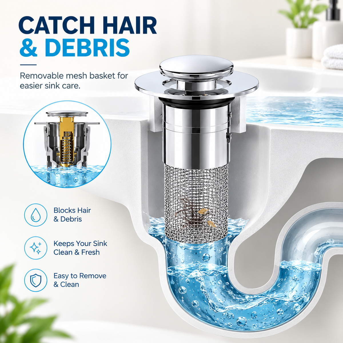 Pop-Up Sink Drain Stopper & Hair Catcher