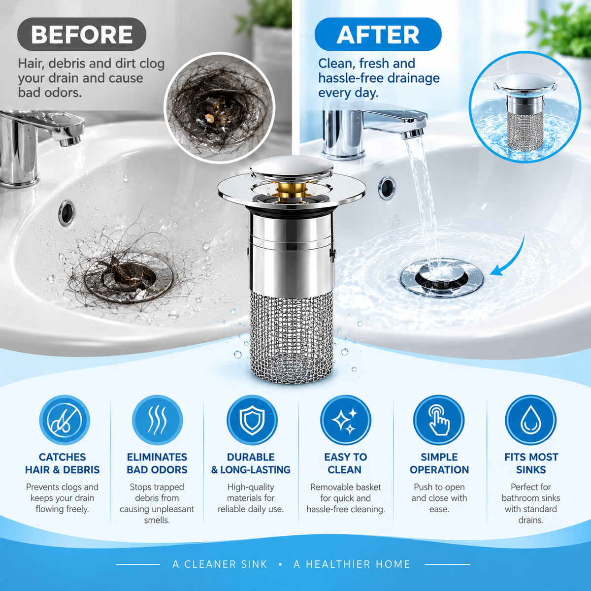 Pop-Up Sink Drain Stopper & Hair Catcher
